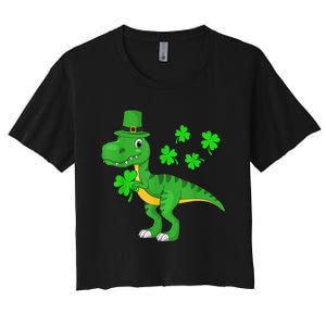 Cute St Patricks Day Dinosaur Shamrock Leprechaun Hat Women's Crop Top Tee