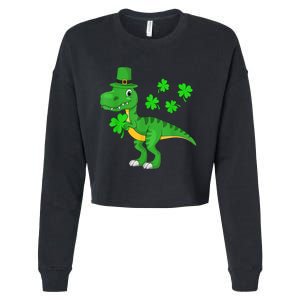 Cute St Patricks Day Dinosaur Shamrock Leprechaun Hat Cropped Pullover Crew