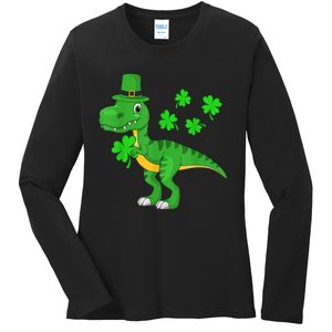 Cute St Patricks Day Dinosaur Shamrock Leprechaun Hat Ladies Long Sleeve Shirt