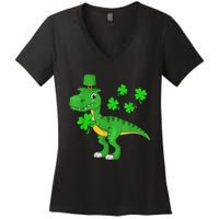 Cute St Patricks Day Dinosaur Shamrock Leprechaun Hat Women's V-Neck T-Shirt