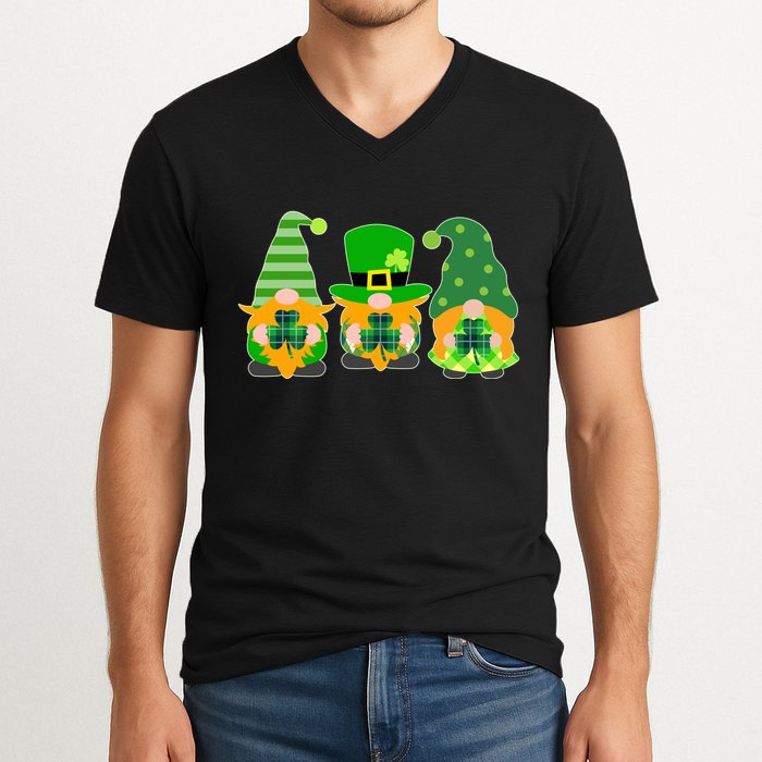 Cute St Patrick's Day Shamrock Gnomes Multi Patterns V-Neck T-Shirt
