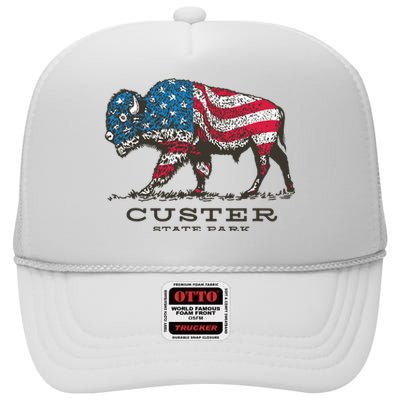 Custer State Park South Dakota Buffalo Roundup Patriotic High Crown Mesh Back Trucker Hat