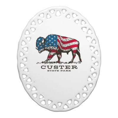 Custer State Park South Dakota Buffalo Roundup Patriotic Ceramic Oval Ornament