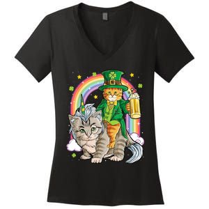 Cat St Patricks Day Leprechaun Riding Caticorn Unicorn Women's V-Neck T-Shirt