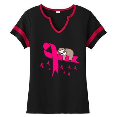 Cute Sloth Pink Ribbon Warrior Breast Cancer Awareness Gift Ladies Halftime Notch Neck Tee