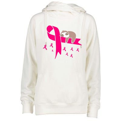 Cute Sloth Pink Ribbon Warrior Breast Cancer Awareness Gift Womens Funnel Neck Pullover Hood