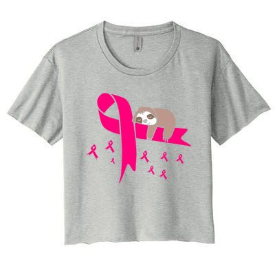 Cute Sloth Pink Ribbon Warrior Breast Cancer Awareness Gift Women's Crop Top Tee