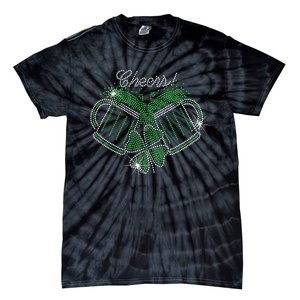 Cheers St Patricks Day Drink Beer Bling Rhinestone Shamrock Tie-Dye T-Shirt