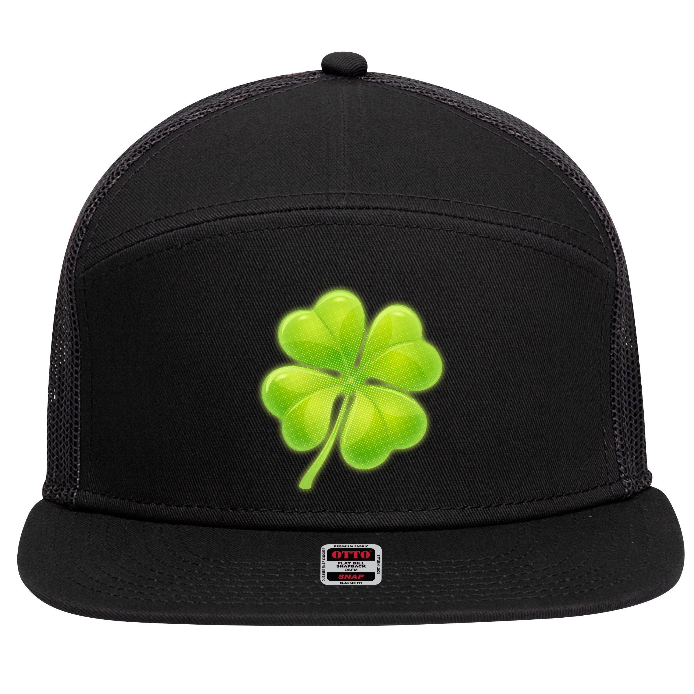 Cute St Patricks Day Lucky Glowing Shamrock Clover 7 Panel Mesh Trucker Snapback Hat