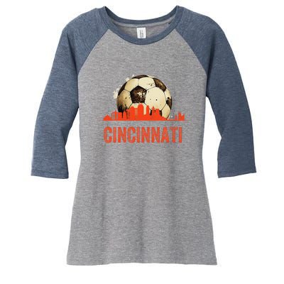 Cincinnati Soccer Queen City Skyline Futbol Fan Women's Tri-Blend 3/4-Sleeve Raglan Shirt