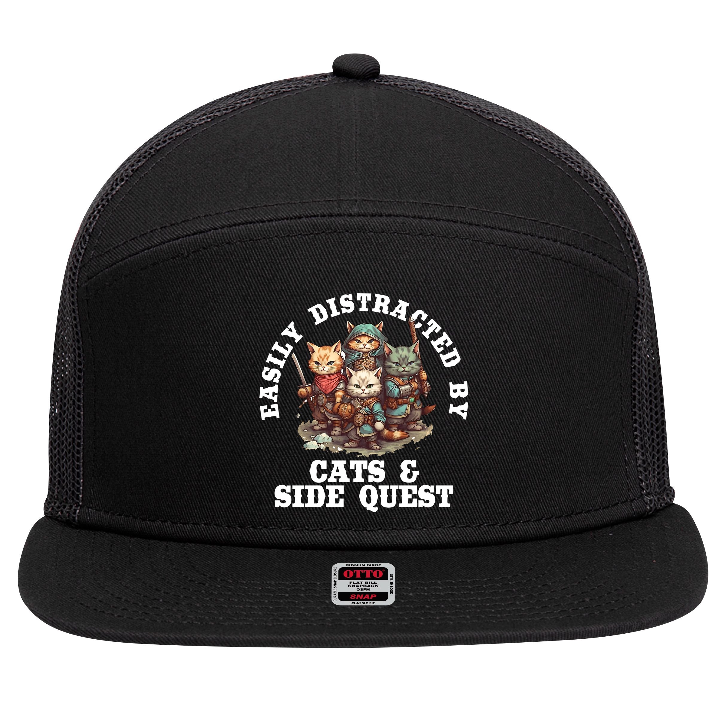 Cats Side Quest Distracted Tabletop Funny 7 Panel Mesh Trucker Snapback Hat