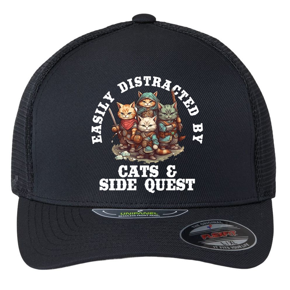 Cats Side Quest Distracted Tabletop Funny Flexfit Unipanel Trucker Cap