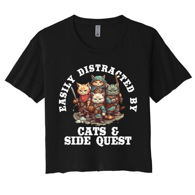 Cats Side Quest Distracted Tabletop Funny Women's Crop Top Tee