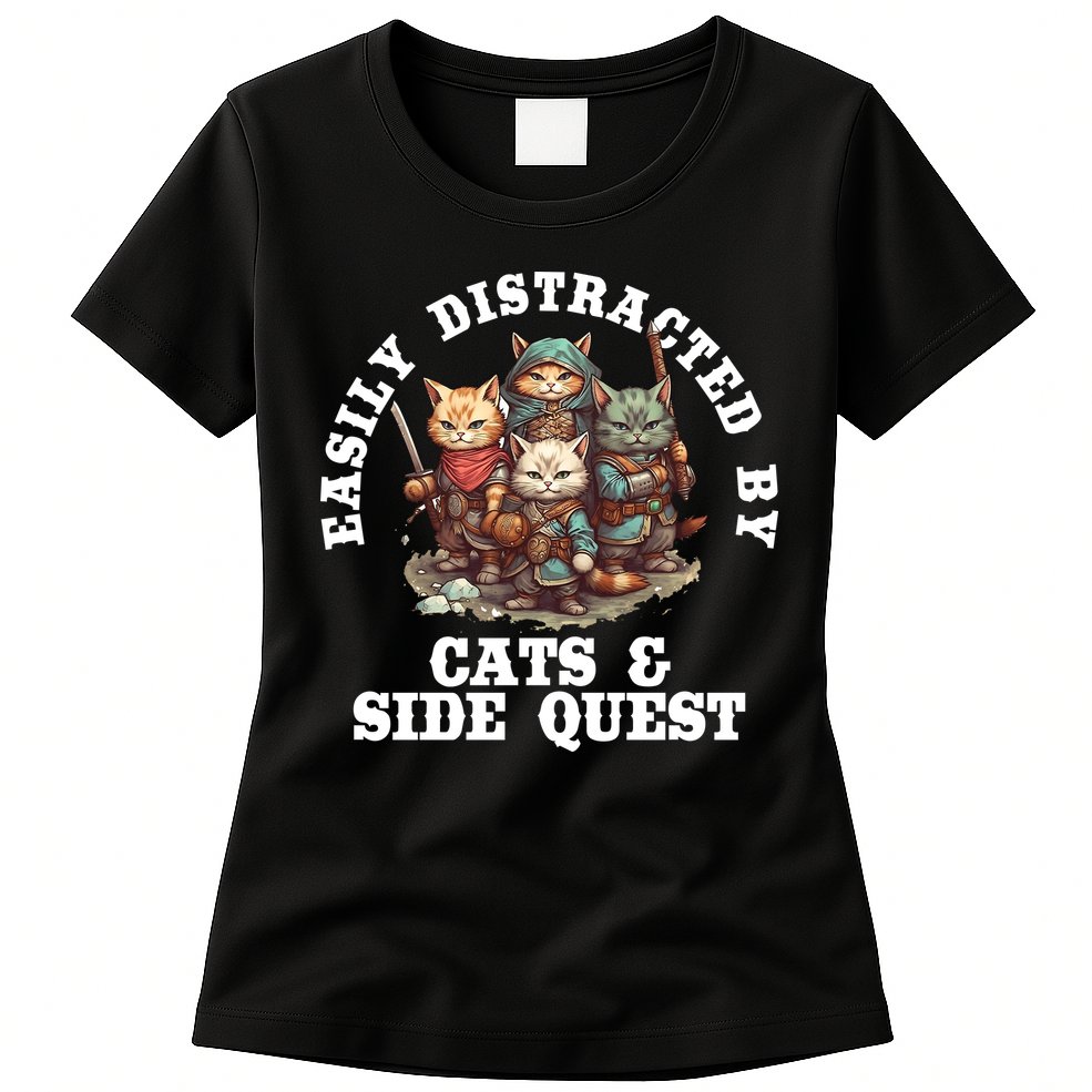 Cats Side Quest Distracted Tabletop Funny Womens T-Shirt