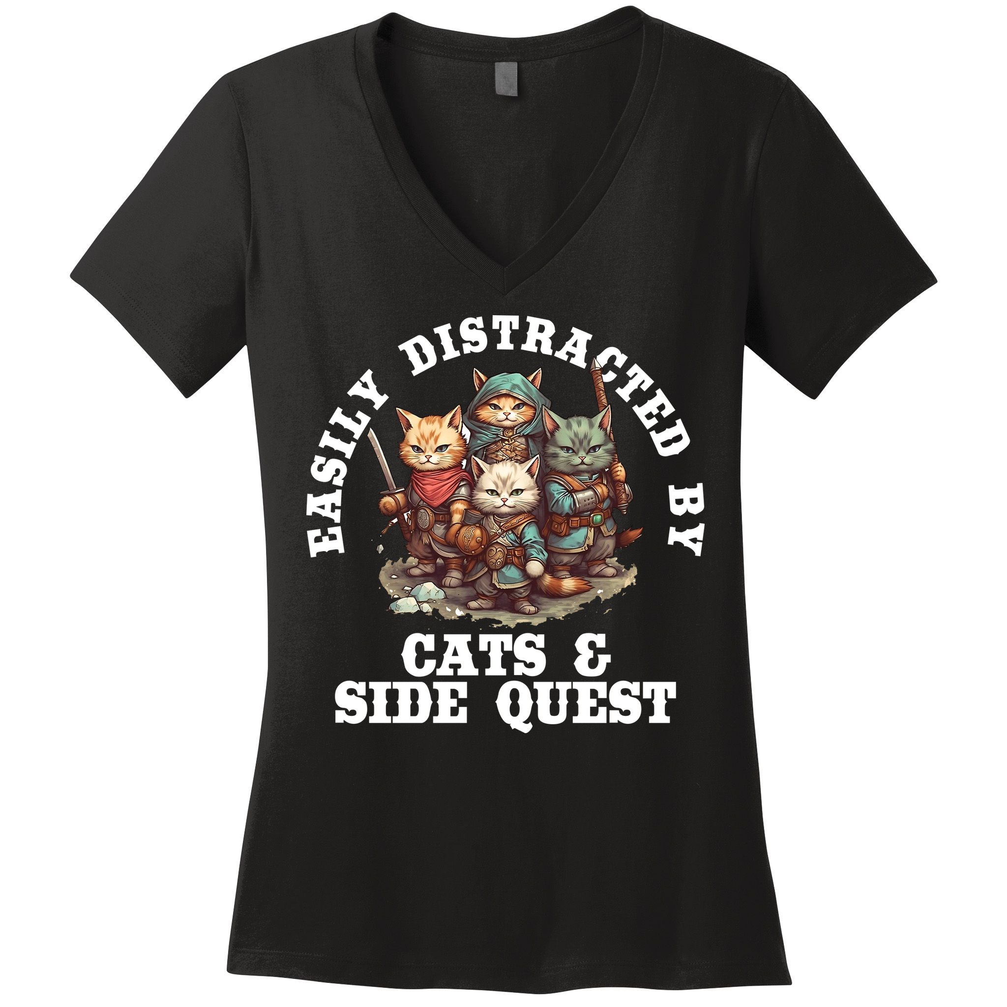 Cats Side Quest Distracted Tabletop Funny Women's V-Neck T-Shirt