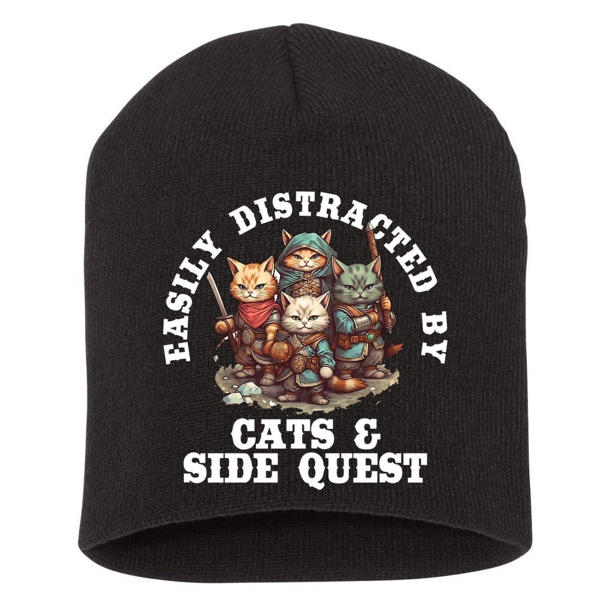 Cats Side Quest Distracted Tabletop Funny Short Acrylic Beanie