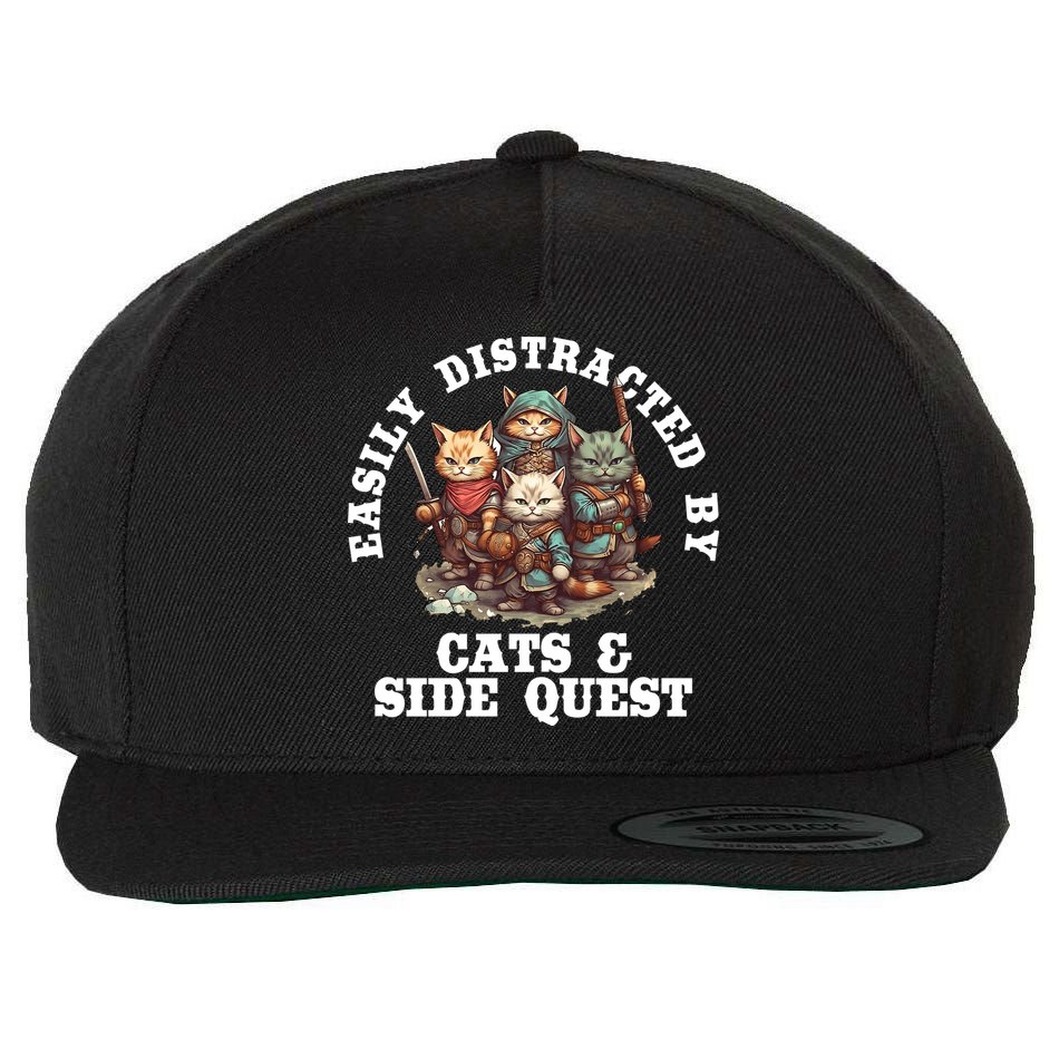 Cats Side Quest Distracted Tabletop Funny Wool Snapback Cap