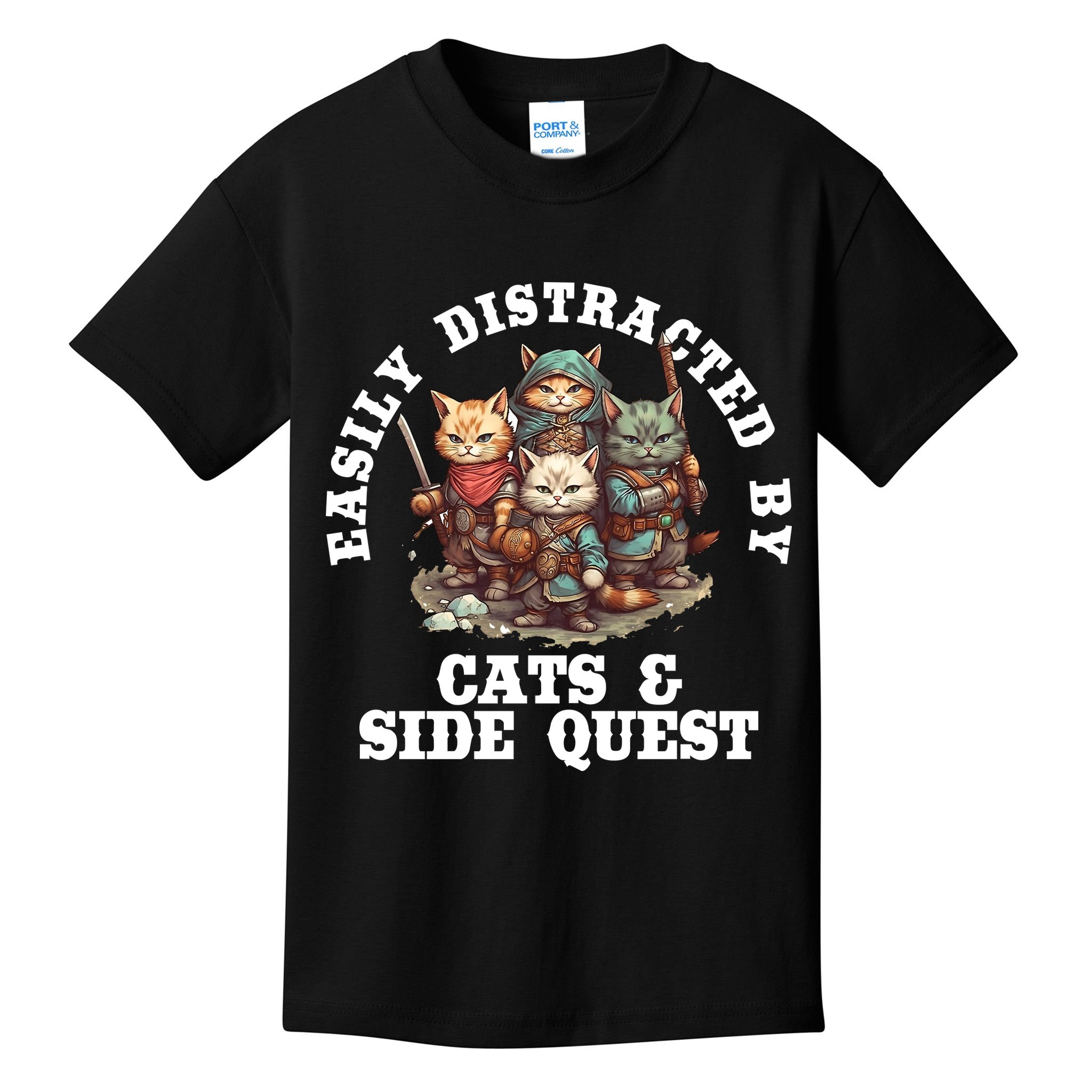 Cats Side Quest Distracted Tabletop Funny Kids T-Shirt