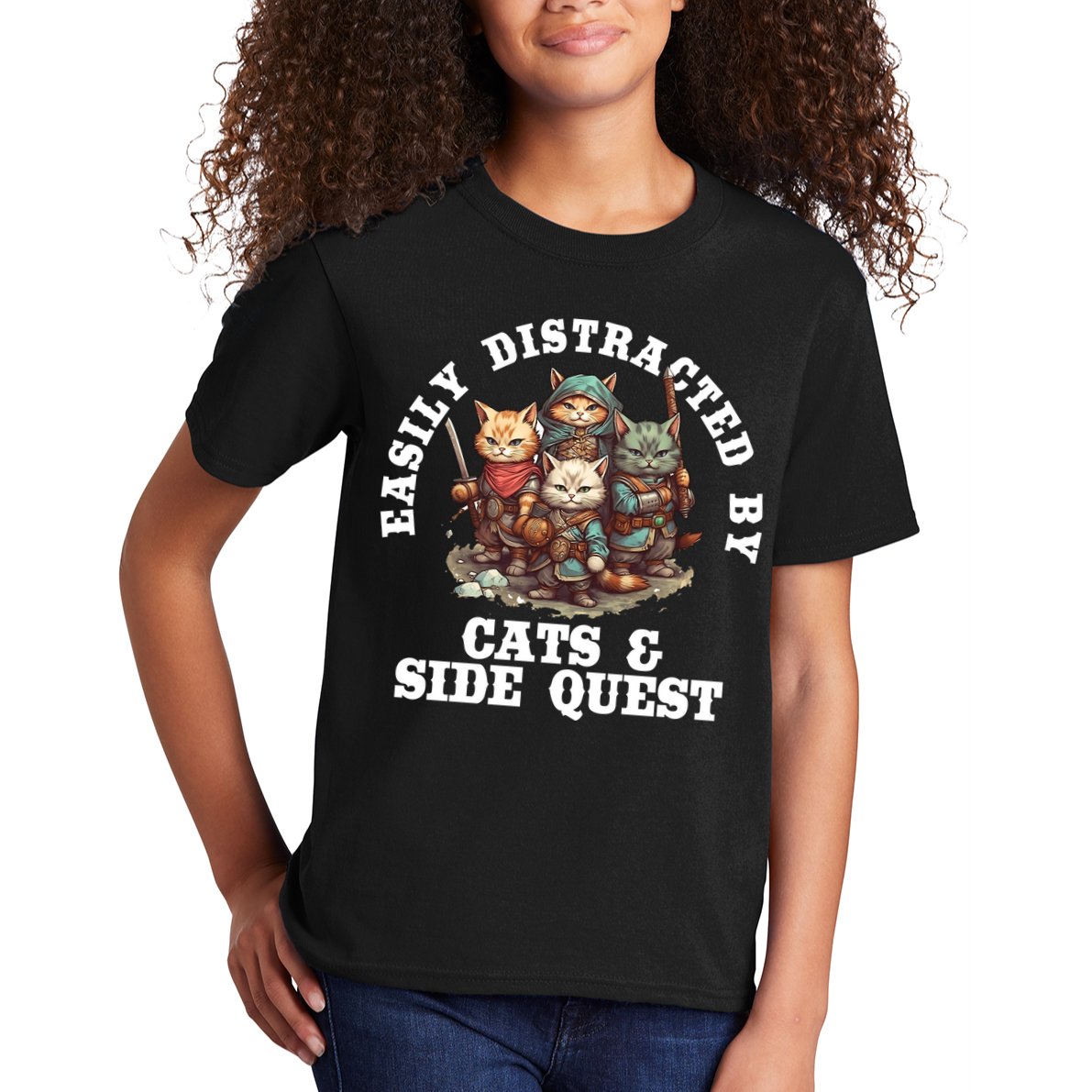 Cats Side Quest Distracted Tabletop Funny Kids T-Shirt