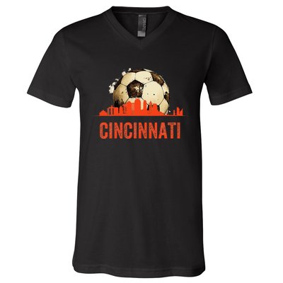 Cincinnati Soccer Queen City Skyline Futbol Fan V-Neck T-Shirt