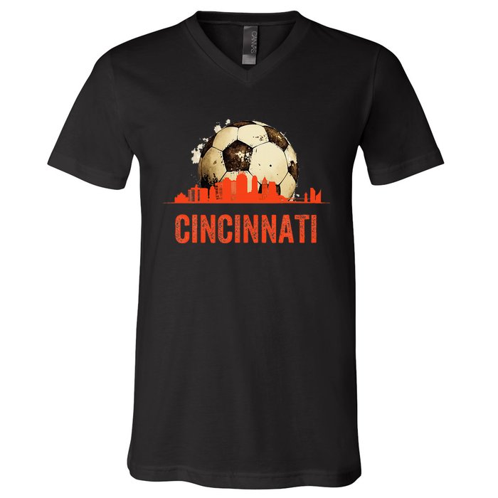 Cincinnati Soccer Queen City Skyline V-Neck T-Shirt