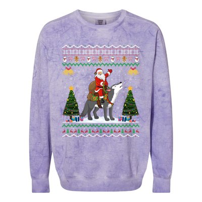 Cute Santa Riding Wolf Christmas Ugly Wolf Xmas Gift Colorblast Crewneck Sweatshirt