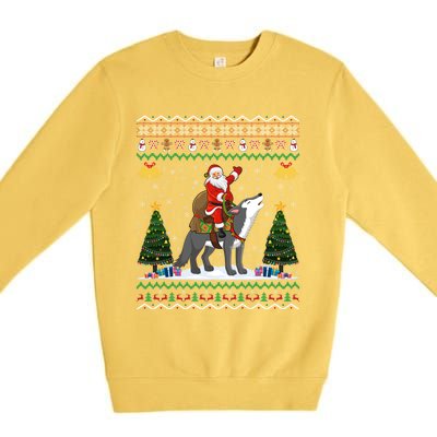 Cute Santa Riding Wolf Christmas Ugly Wolf Xmas Gift Premium Crewneck Sweatshirt