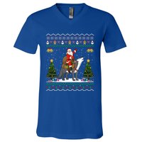 Cute Santa Riding Wolf Christmas Ugly Wolf Xmas Gift V-Neck T-Shirt