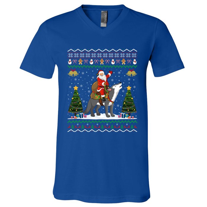 Cute Santa Riding Wolf Christmas Ugly Wolf Xmas Gift V-Neck T-Shirt