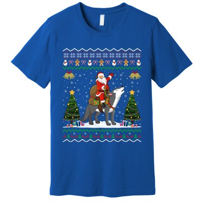 Cute Santa Riding Wolf Christmas Ugly Wolf Xmas Gift Premium T-Shirt