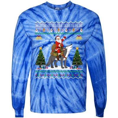 Cute Santa Riding Wolf Christmas Ugly Wolf Xmas Gift Tie-Dye Long Sleeve Shirt