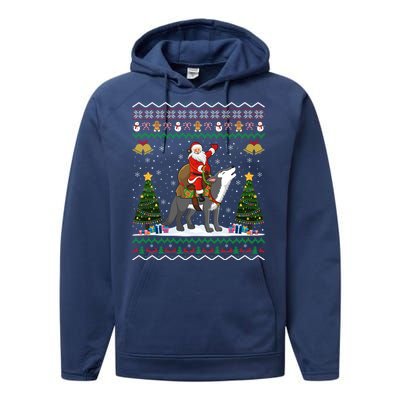 Cute Santa Riding Wolf Christmas Ugly Wolf Xmas Gift Performance Fleece Hoodie