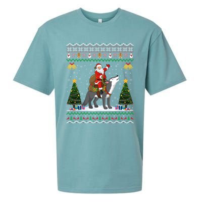 Cute Santa Riding Wolf Christmas Ugly Wolf Xmas Gift Sueded Cloud Jersey T-Shirt