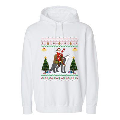 Cute Santa Riding Wolf Christmas Ugly Wolf Xmas Gift Garment-Dyed Fleece Hoodie