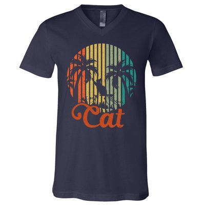 Cat Sunset Retro Vintage V-Neck T-Shirt