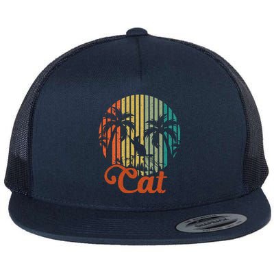 Cat Sunset Retro Vintage Flat Bill Trucker Hat