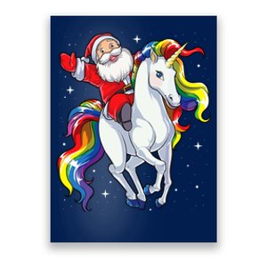 Christmas Santa Riding Unicorn Xmas Girl Wo Rainbow Poster