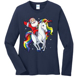 Christmas Santa Riding Unicorn Xmas Girl Wo Rainbow Ladies Long Sleeve Shirt