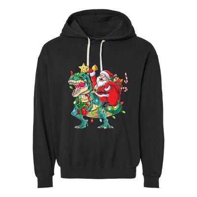 Christmas Santa Riding Dinosaur Tree Rex Pajamas Xmas Lights Gift Garment-Dyed Fleece Hoodie