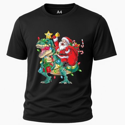 Christmas Santa Riding Dinosaur Tree Rex Pajamas Xmas Lights Gift Performance Shirt