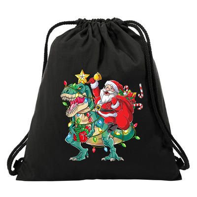 Christmas Santa Riding Dinosaur Tree Rex Pajamas Xmas Lights Gift Drawstring Bag