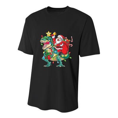 Christmas Santa Riding Dinosaur Tree Rex Pajamas Xmas Lights Gift Youth Performance Sprint T-Shirt