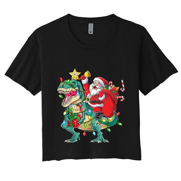 Christmas Santa Riding Dinosaur Tree Rex Pajamas Xmas Lights Gift Crop Top