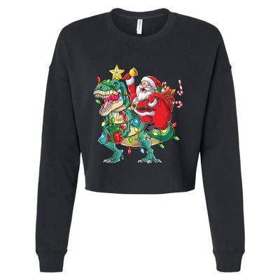 Christmas Santa Riding Dinosaur Tree Rex Pajamas Xmas Lights Gift Cropped Pullover Crew