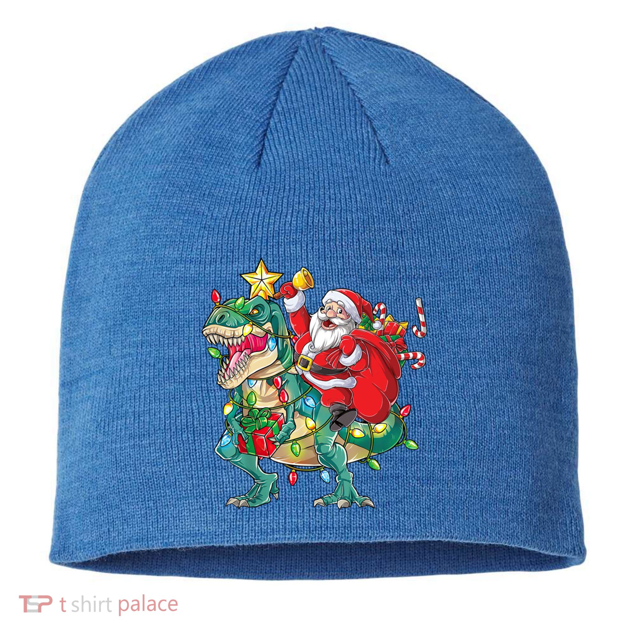 Christmas Santa Riding Dinosaur Tree Rex Pajamas Xmas Lights Gift Sustainable Beanie