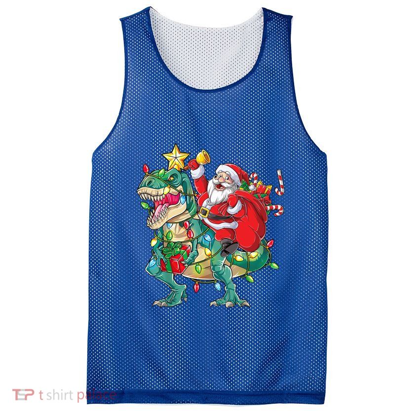 Christmas Santa Riding Dinosaur Tree Rex Pajamas Xmas Lights Gift Mesh Reversible Basketball Jersey Tank