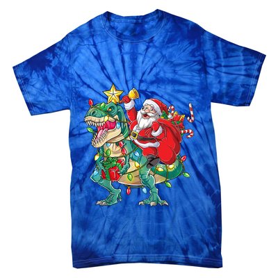 Christmas Santa Riding Dinosaur Tree Rex Pajamas Xmas Lights Gift Tie-Dye T-Shirt