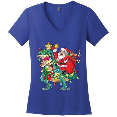 Christmas Santa Riding Dinosaur Tree Rex Pajamas Xmas Lights Gift Women's V-Neck T-Shirt