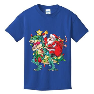 Christmas Santa Riding Dinosaur Tree Rex Pajamas Xmas Lights Gift Kids T-Shirt