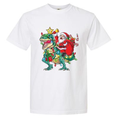 Christmas Santa Riding Dinosaur Tree Rex Pajamas Xmas Lights Gift Garment-Dyed Heavyweight T-Shirt